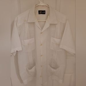 Vintage Barber Shop Men's 4 Pocket Button Down White Cuban Guayabera Shirt